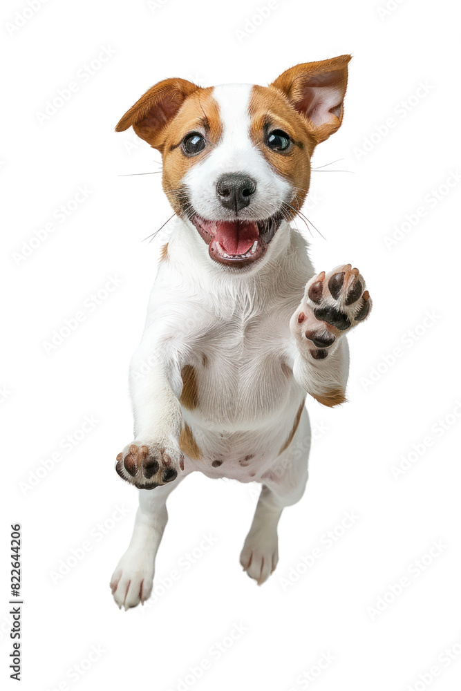 A cute puppy jumps with a happy expression and a paw raised. A cute puppy jumps with a happy expression and a paw raised.