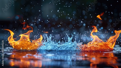 A depiction of fire and water colliding against a dark backdrop