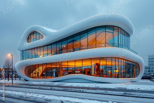 Modern Building With Curved Roof and Many Windows