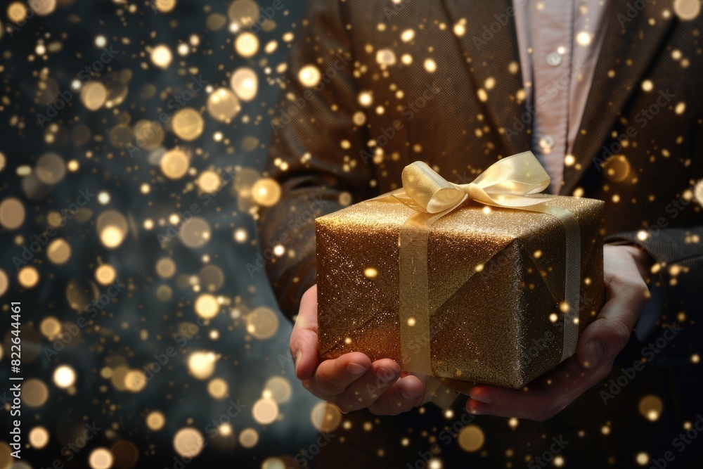 Man Christmas. Businessman Holding Gift Box with Love on Festive Background Man Christmas. Businessman Holding Gift Box with Love on Festive Background