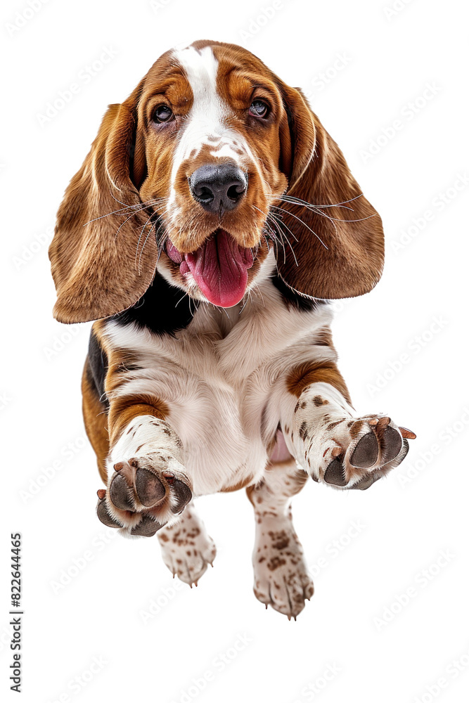 A happy basset hound puppy with brown and white fur jumps with paws outstretched and tongue out. A happy basset hound puppy with brown and white fur jumps with paws outstretched and tongue out.