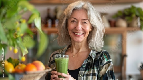 Wholesome. Senior Woman Enjoying Vegan Green Juice at Home for Healthy Living
