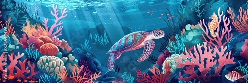 Fish Illustration. Ocean Landscape with Sea Turtles, Saltwater Fishes, Coral Reef, and Seahorse