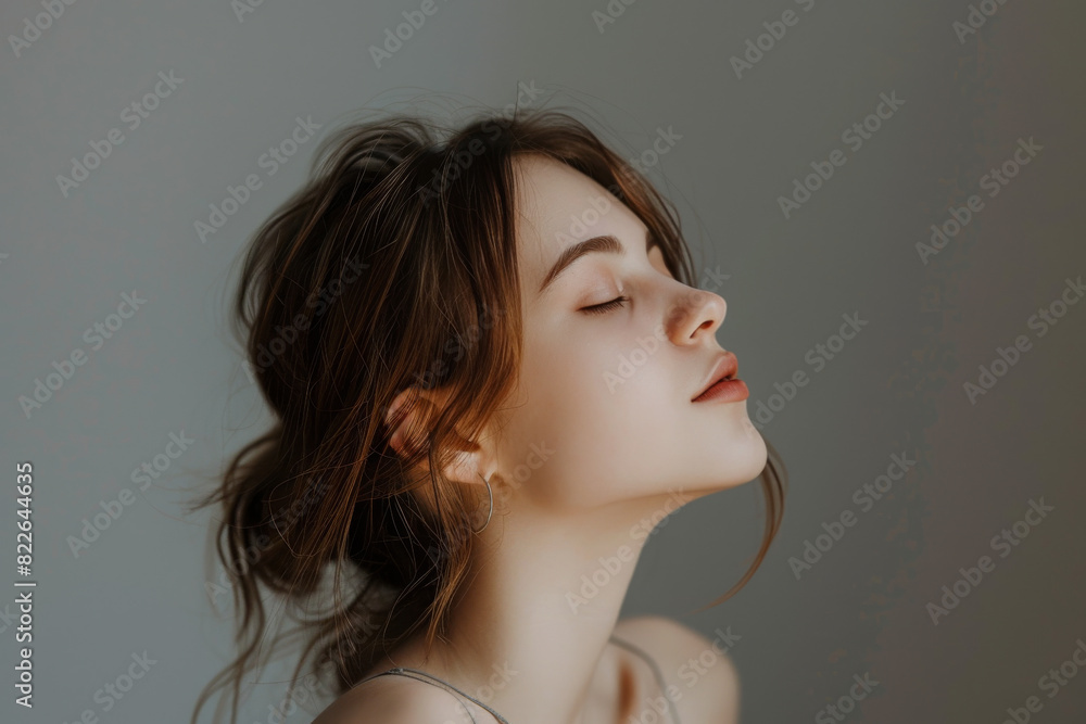 A close up of a woman's face with her eyes closed looking to a side