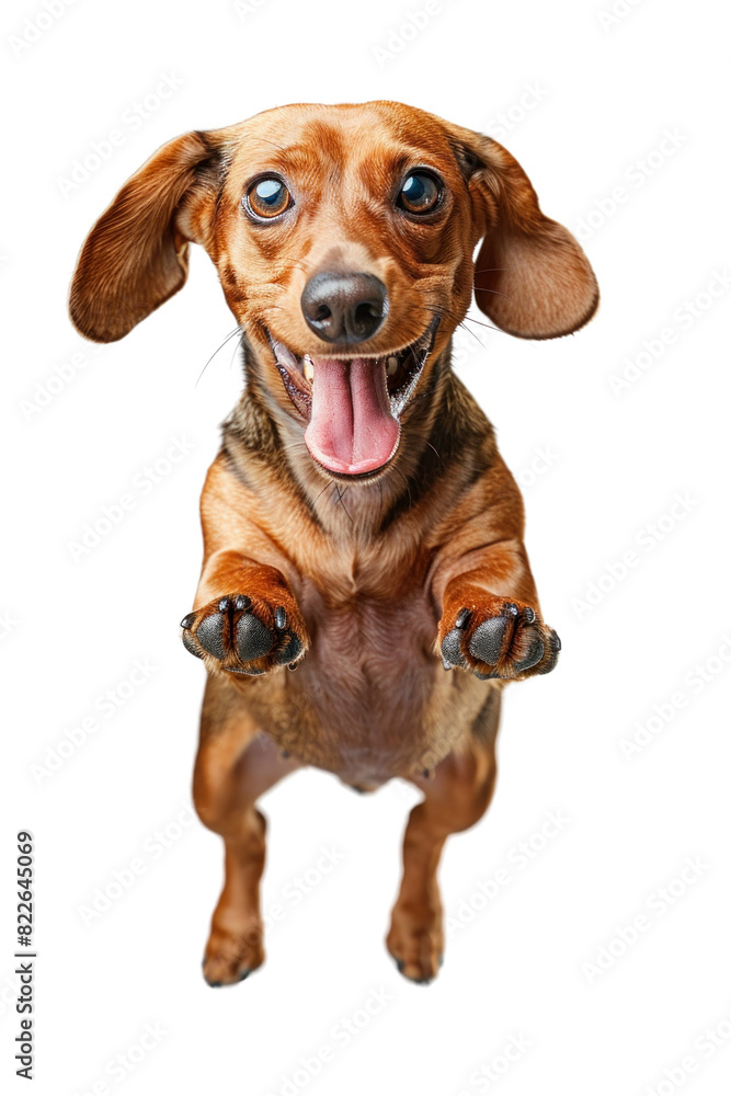 A happy dachshund with its tongue sticking out, looking up at the camera with its paws outstretched.