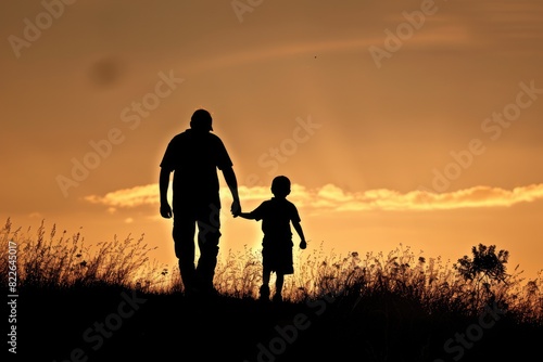 Loving Father. Silhouette of Father Walking hand in hand with Son, Family Bonding and Recreation in