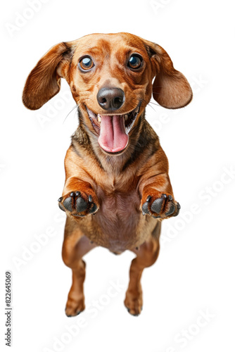 A happy dachshund with its tongue sticking out  looking up at the camera with its paws outstretched.