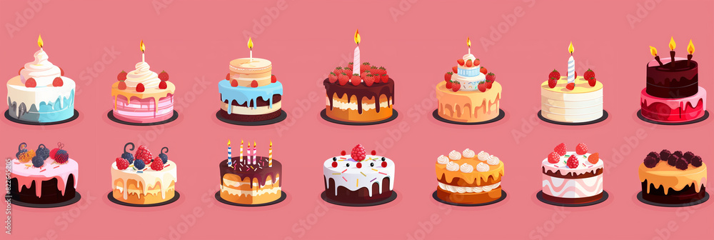 Assorted Cakes With Candles on Pink Background Assorted Cakes With Candles on Pink Background