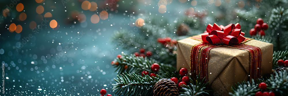 Minimalist Christmas Present on Canvas with Gold Frame and Snowy Banner Minimalist Christmas Present on Canvas with Gold Frame and Snowy Banner
