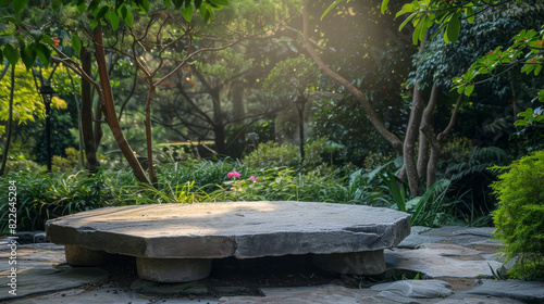 A stone bench situated in the center of a garden, surrounded by greenery and flowers