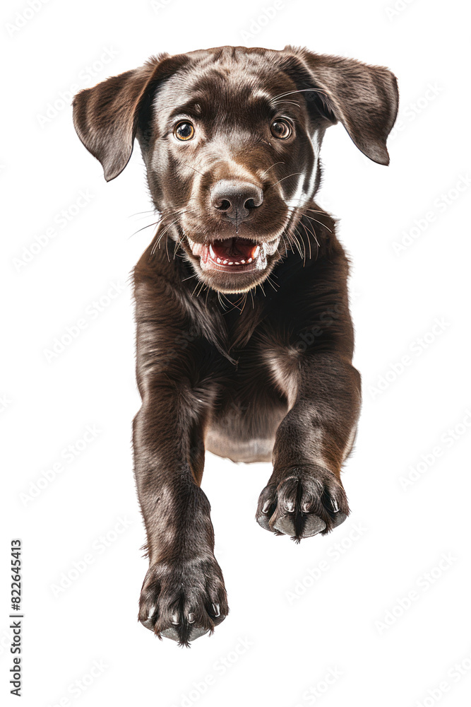 Fototapeta premium A playful brown labrador puppy leaps towards the camera with a wide smile and bright eyes.