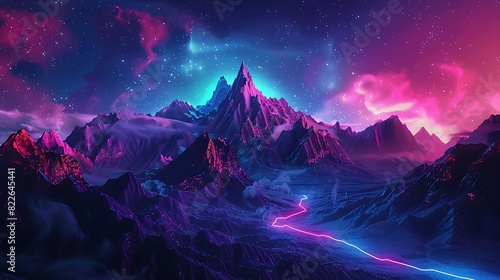 Abstract vintage mountain landscape with neon lights photo