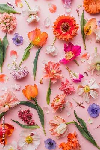 Flowers Flat. Colorful Easter Springtime Composition on Pink Background