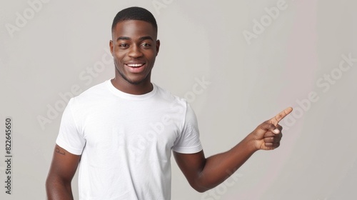 Man Tshirt. Young African American Pointing with Confidence, Portrait of Happy Person Wearing White