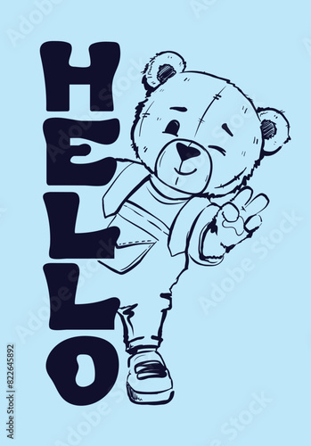 Simple outline illustration funny bear doll smiling and wink. Text Hello in 70s style. Childish hand drawn lines print with bear. Teddy toy cute character