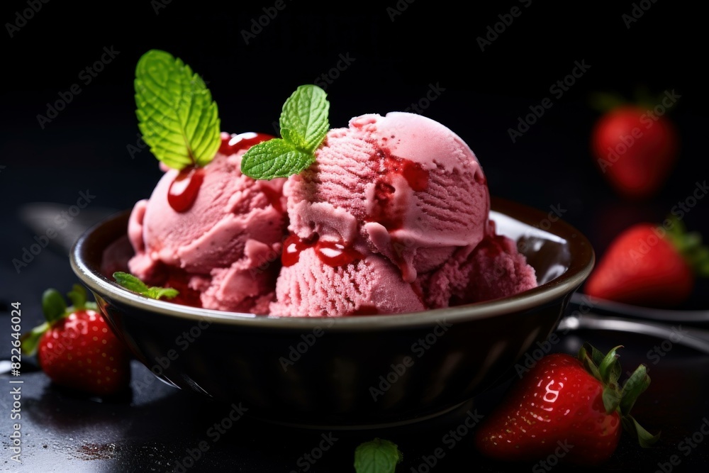 Scoops of strawberry ice cream garnished with mint on a dark background, with fresh strawberries Scoops of strawberry ice cream garnished with mint on a dark background, with fresh strawberries