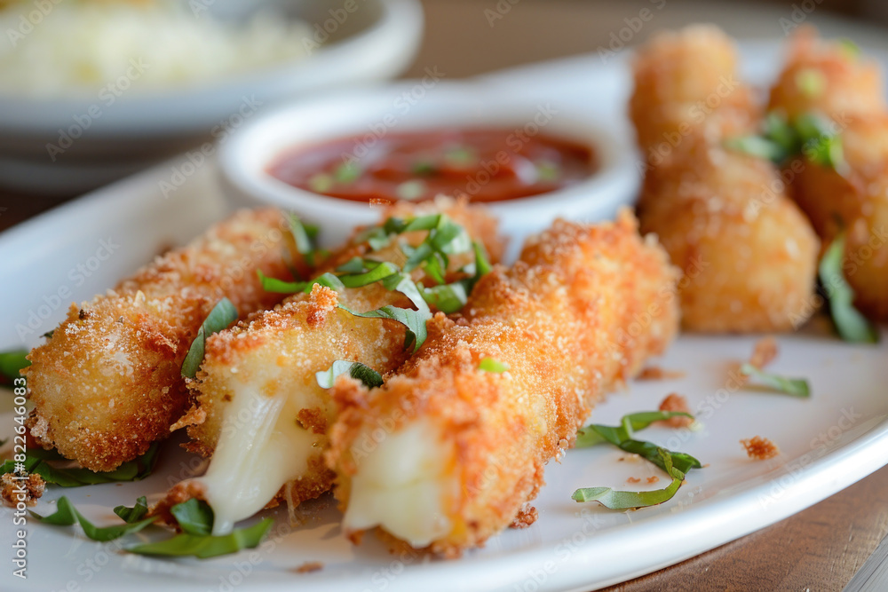 Crispy Fried Cheese Sticks Served with Tomato Sauce and Garnished with Basil Crispy Fried Cheese Sticks Served with Tomato Sauce and Garnished with Basil