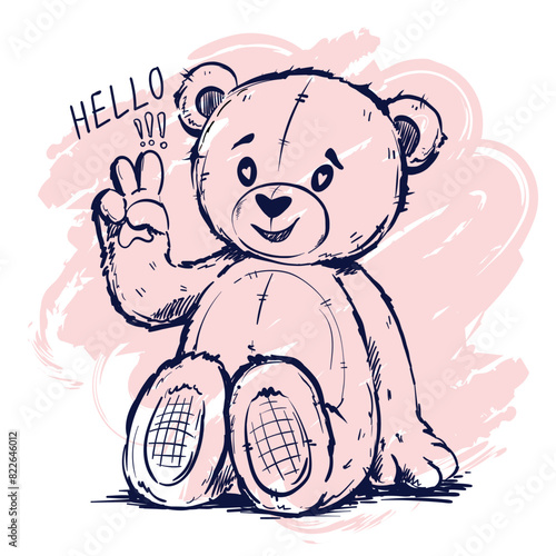 Simple outline funny bear doll smiling with text Hello on grunge brush trace background. Childish hand drawn linear print with bear. Teddy toy cute character