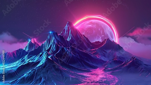 Abstract vintage mountain landscape with neon lights