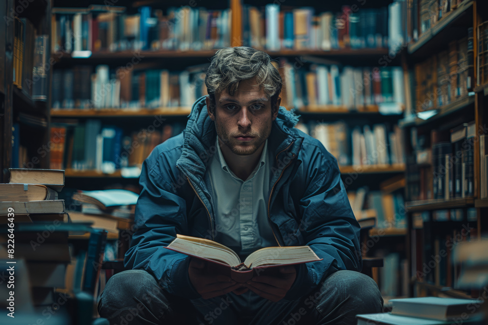 A student intensely studying in a library late at night. Concept of dedication and pursuit of knowledge. Generative Ai. A student intensely studying in a library late at night. Concept of dedication and pursuit of knowledge. Generative Ai.