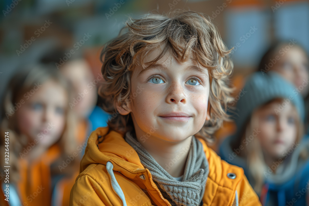 A child presenting a school project to their classmates. Concept of education and confidence. Generative Ai. A child presenting a school project to their classmates. Concept of education and confidence. Generative Ai.