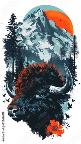 Vector illustration of wild bison on a background of mountains and forest