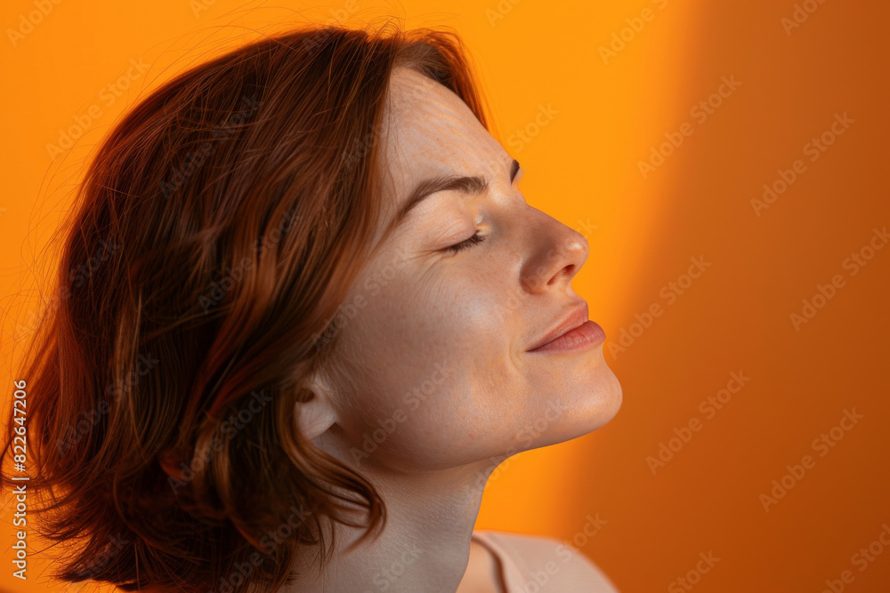 A close up of a woman's face with her eyes closed looking to a side A close up of a woman's face with her eyes closed looking to a side
