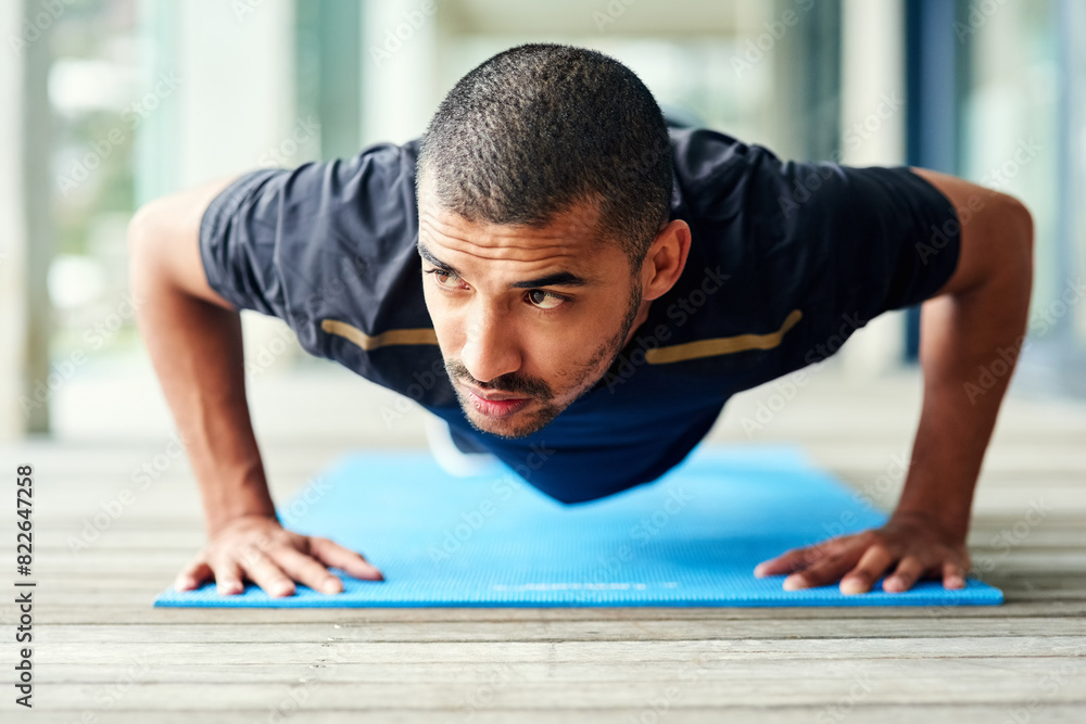Push up, man and yoga mat for exercise, training and wellness outdoor for fitness or body care. Strong, athlete and commitment for workout, sports and physical activity with male person for health Push up, man and yoga mat for exercise, training and wellness outdoor for fitness or body care. Strong, athlete and commitment for workout, sports and physical activity with male person for health