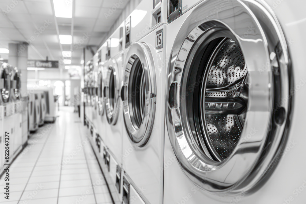 Row of Washing Machines in a Modern Laundromat in Black and White Row of Washing Machines in a Modern Laundromat in Black and White