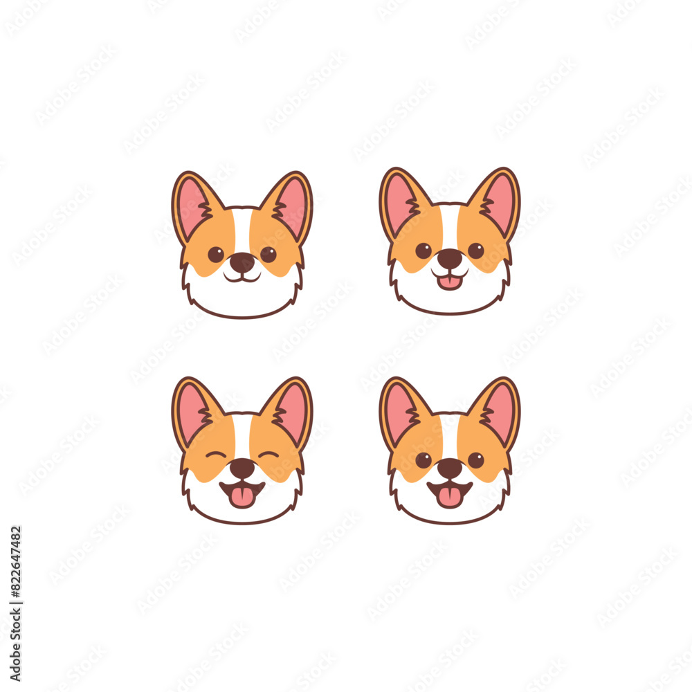 Cute corgi dog face cartoon collection, vector illustration