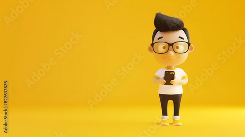 3d cartoon character in eyeglasses holding smarthphone on isolated yellow background with space for copy  photo