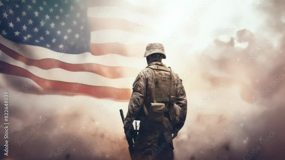 A soldier stands in front of an American flag, exuding patriotism, bravery, and honor. The image evokes themes of military service, sacrifice, freedom, and national pride. A soldier stands in front of an American flag, exuding patriotism, bravery, and honor. The image evokes themes of military service, sacrifice, freedom, and national pride.