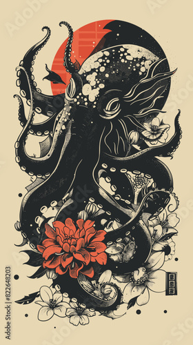 Grunge illustration with octopus and flowers. Vector illustration