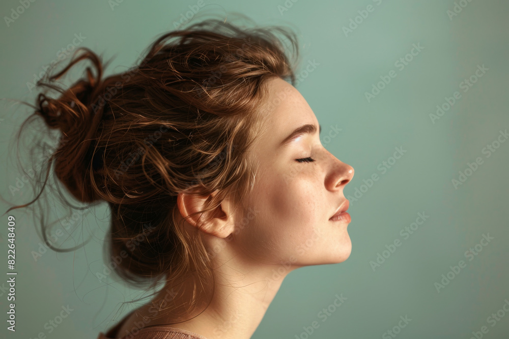 A close up of a woman's face with her eyes closed looking to a side A close up of a woman's face with her eyes closed looking to a side