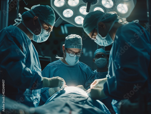 healthcare professionals in blue scrubs and surgical caps are present in an operating room with bright overhead lights suggesting a sterile and precise medical environment