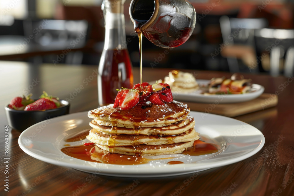 Fluffy Pancakes with Fresh Strawberries and Maple Syrup Pouring on a White Plate Fluffy Pancakes with Fresh Strawberries and Maple Syrup Pouring on a White Plate