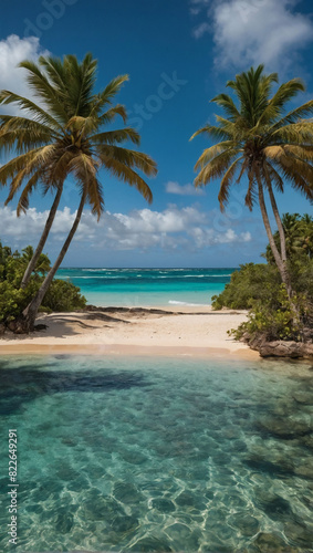 Tropical paradise of Punta Cana  Dominican Republic  with palm-fringed beaches overlooking the ocean.