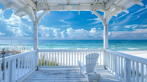 Seaside, Florida white wooden gazebo pavilion architecture with Gulf of Mexico ocean waterfront beach view, chair by railing © usman