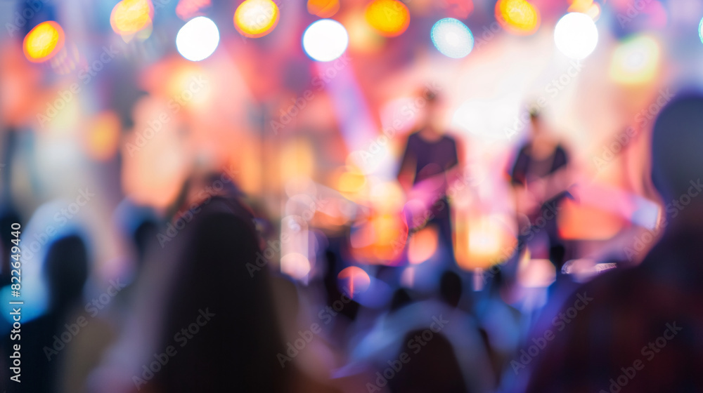 Live music concert with blurred crowd. Blurred image of a concert stage with musicians performing under colorful lights and a cheering crowd, perfect for music and entertainment themes. Live music concert with blurred crowd. Blurred image of a concert stage with musicians performing under colorful lights and a cheering crowd, perfect for music and entertainment themes.