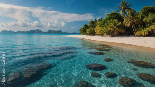 Tropical paradise  panoramic view of a sun-kissed beach and azure sea.