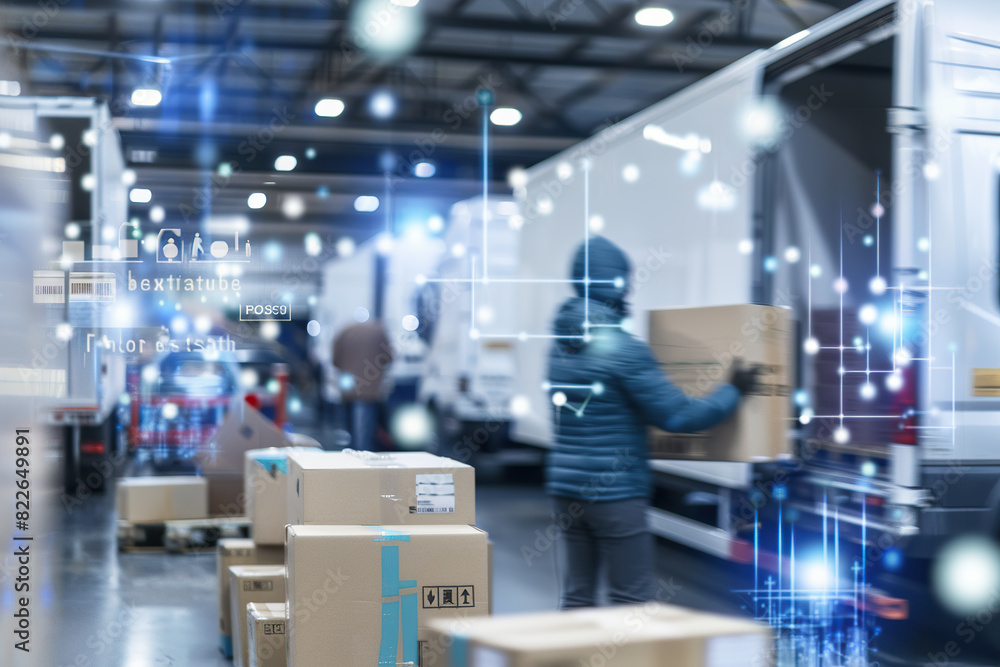 Obraz premium A worker moving boxes in an industrial warehouse setting