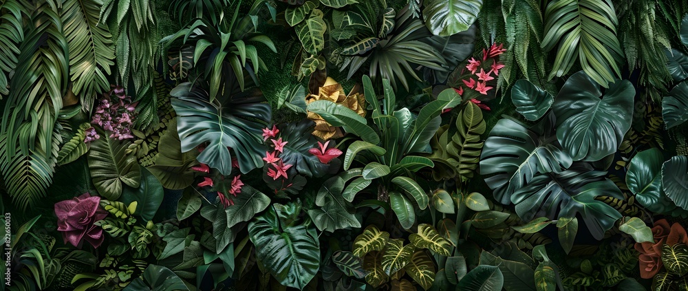 Lush Green Plants and Exotic Flowers Against Textured Background Lush Green Plants and Exotic Flowers Against Textured Background