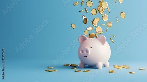 A 3D render of a piggy bank with gold coins flowing into it, set against a minimal solid blue background