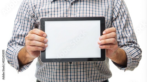 Man Holding Tablet With White Screen. Generative AI