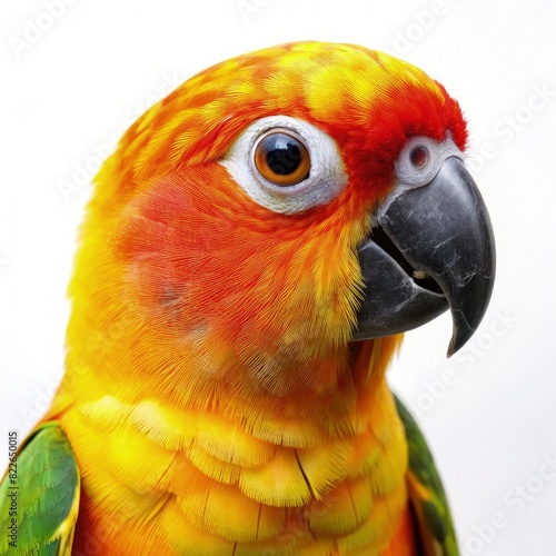 Close Up of Sun Conure Parrot on White Background. Generative AI