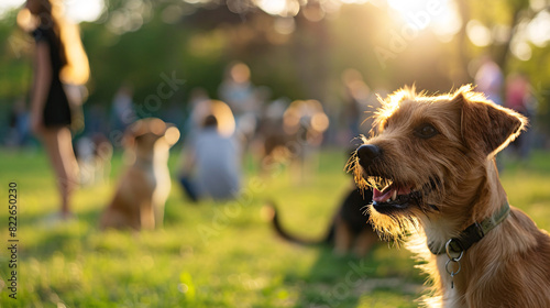 Fototapeta Naklejka Na Ścianę i Meble -  Happy dog in the park. A happy dog enjoying a sunny day at the park, surrounded by other dogs and people.