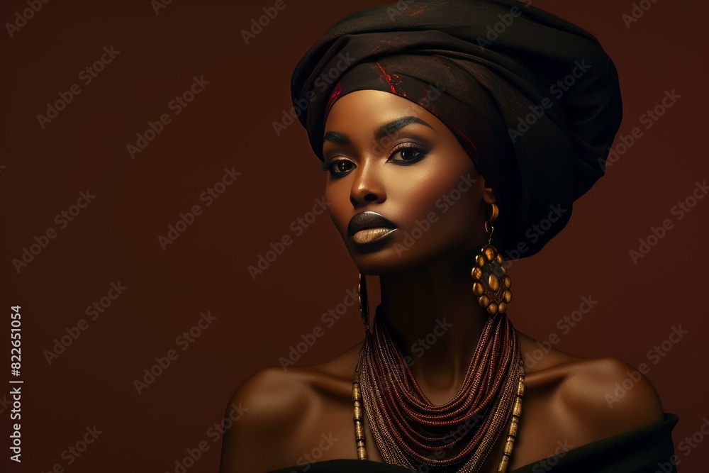 Portrait of a graceful african lady with a turban, adorned in ethnic jewelry Portrait of a graceful african lady with a turban, adorned in ethnic jewelry