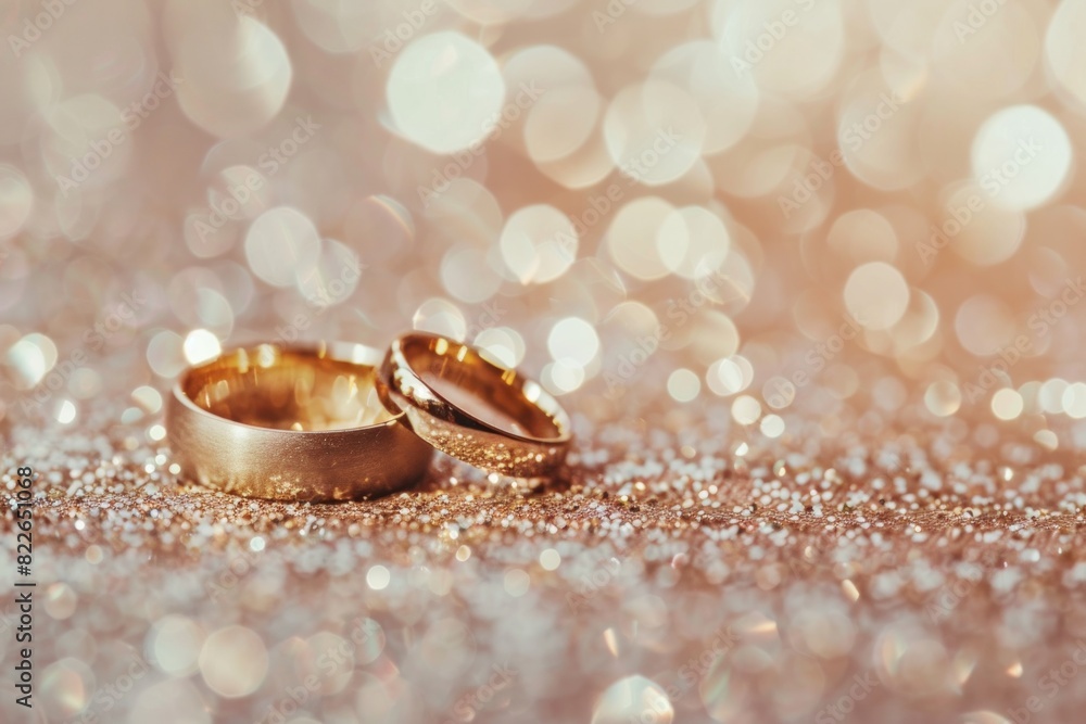 Close-up of golden wedding rings on sparkling background with bokeh lights Close-up of golden wedding rings on sparkling background with bokeh lights