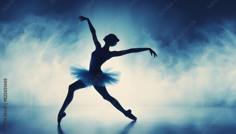  silhouette of ballerina woman with aesthetic posture on bright stage backdrop, long exposure, motion
