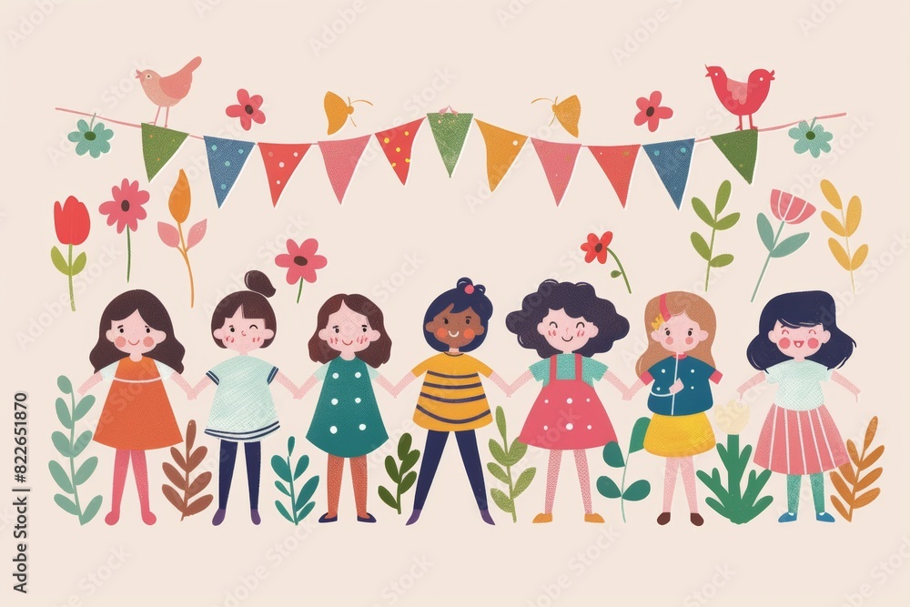 Fototapeta premium June 1 - International Day for Protection of Children flat colorful illustration. Kids birthday party celebration.